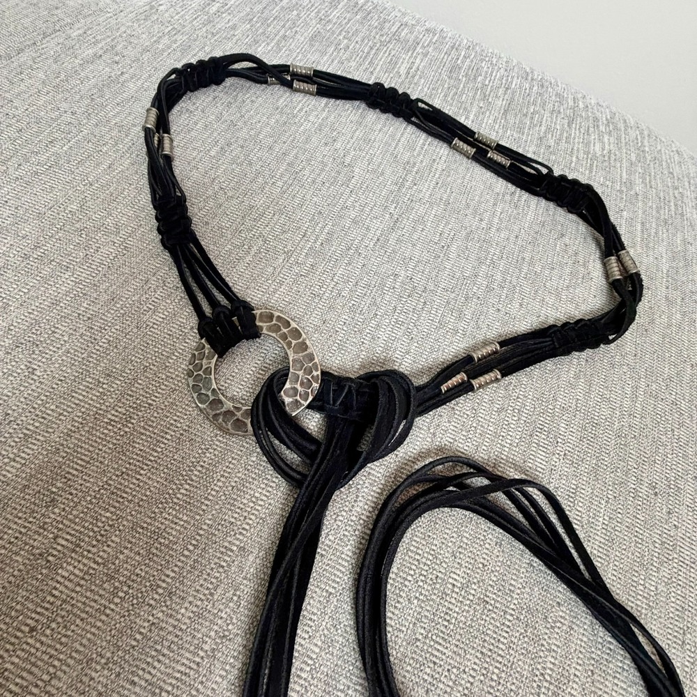 Belt Leather Adjustable Black Leather Silver Braided Boho 72" lenght